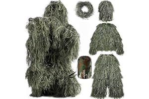 Beler Ghillie Suit, 5-teilige 3D Camouflage Anzug Jagdbekleidung, Tarnanzug für Jagd, Wald und Taktische Einsätze, Camouflage Set mit Jacke, Hose, Kopf