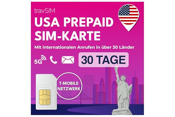 travSIM SIM Card USA | T-Mobile | 50 GB Data, Appels et SMS nationaux illimités | La Carte SIM US Offre des appels illimités vers Plus de 30 Pays | Valable 30 Jours