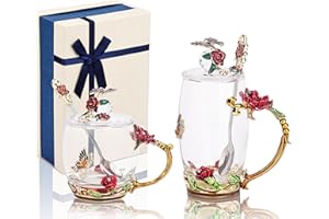 GeeWaa Emaliowany szklany kubek z kwiatami i motylami, do kawy, z łyżeczkami i pokrywkami, zestaw 2 szt., prezent dla kobiety, mamy, babci, dziewczyny, siostry, na Boże Narodzenie, urodziny, czerwony