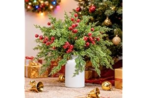 CloudValley 50 Fiori Artificiali di Natale con Vaso, Steli di Bacche Rosse & Rami di Pino Norfolk Finti, Steli Sempreverdi per Alberi di Natale DIY, Decorazioni Natalizie Invernali Casa