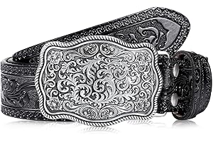 Xuniea Cintura da Cowboy Occidentale in Pelle per Uomo con Fibbia in Rilievo Vintage con Incisione Floreale (Nero, 45 Pollici)