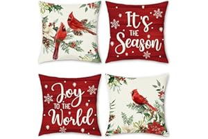 Bonhause Świąteczne poszewki na poduszki 45 x 45 cm, czerwone kardynałowie, liście sosny, płatki śniegu, dekoracyjne poszewki na poduszki na sofę, łóżko, do domu, patio, dekoracja na zimę, wakacje