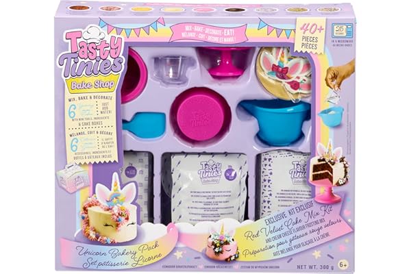 Tasty Tinies - Pack Anniversaire Gateaux Licorne - Kit Pâtisserie Créatif pour Enfants dès 6 Ans - 6 Préparations pour Gâteaux + Sachets Glaçage + Déco Licorne + Accessoires - Cuisson Micro Ondes
