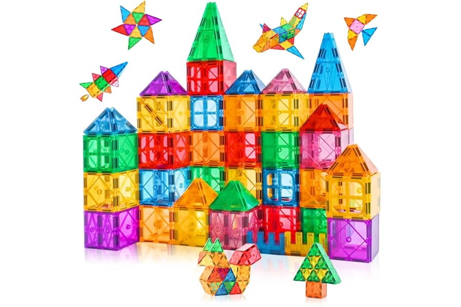 Katiago Magnetic Buildings Children, 64 Coloured Magnetic Tiles of 3 4 5 Years Old Magnetic Blocks for Children Birthday Gift Construction Montessori Toys for Boys and Girls