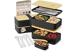 Umami Bento Lunch Box, Couverts & Pot à Sauce Inclus, Boite Repas Étanche, Lunchbox Micro-Ondable, Boîte à Lunch Adulte compartimentee, Noir et Bambou, 1200 ml