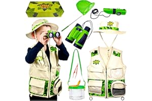 Kidz@Play Safari Outdoor Adventures, Green Bug Hunting Set, Vest, Hat, Binoculars, Bug Net and Container, Whistle, Torch, Magnifying Glass, Thermometer, Compass, Mirror, Tweezers, Bug cups, Age 3+