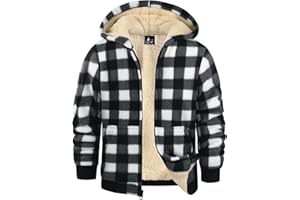 zitysport Boy Fleece Hoodie Kids Winter Plaid Fleece Full-Zip Hoodie Fleece Lined Sherpa Sweatshirt Boy's Jacket Soft Warm Hooded Flannel Jacket for Children