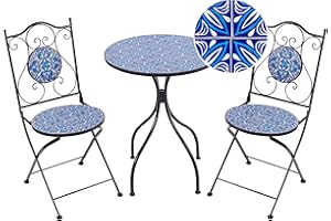 Beliani Conjunto de balcón jardín Exterior Metal Estilo Vintage patrón Mosaico Estructura de Hierro Negro Azul Cigilano