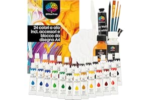 OfficeTree 24x 12 ml Kit pittura olio con pennello e tavolozza - Kit per la pittura con accessori - Colori ad olio per pittura su tela con trementina, fissante e blocco per pittura - Set dipingere