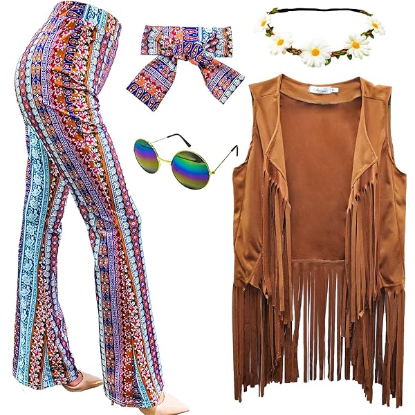 Morocket 4 Pcs Ensemble De Deguisement Hippie Femme, Tenue Annee 70 Lunette Hippie Rondes Roses, Collier Peace And Love Et D'oreilles, Bandeau Hippie De Fleurs Aux Fêtes Des Annees 60 Annee 70