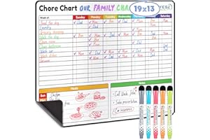 Yes4Quality - Magnetic Dry Erase Chore Chart - 48x33 cm - Behaviour Chart for Multiple Kids - Family Weekly Chores Checklist with Meal Planner - Stain Resistant Board for Fridge with 5 Markers