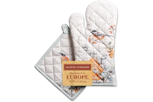 Maison d' Hermine Whitish Shabby Chique Gant de Four 100% Coton (19cm x 33cm) et Manique (20cm x 20cm) pour BBQ, Cuisson, Grill, Thanksgiving/Noël