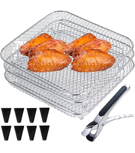 GOMETY Luftfritteuse Regal 3-stöckig - Edelstahl, Stapelbar & Mit Zubehör Für 5-8L Fritteusen