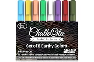 CHALKOLA Chalk Pens - Pack of 8 Earth Colour Markers - Use on Whiteboard, Chalkboard, Window, Blackboard, Bistros Glass - 6mm Reversible Bullet & Chisel Tip