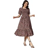 KZULLY | Colorful Floral Print Midi Dress | Smocking and Elastic Comfort | Stylish Woman Wearing a Pretty Printed Flower | Tr