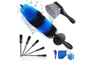 lesasas 9PCS Car Detailing Brushes Set for Wheel Cleaning, 17In Rotating Wheel Brush, Car Cleaner Kit, Short Handle Feather Tire & Rim Cleaning Tool for Dust Remove and Dirty Tyre Washing