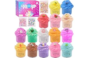 PETYUIOYU Fluffy Butter Slime Kit 15 Pack, Soft and Non-Sticky, Include Unicorn Watermelon etc 15 Slime Charms,Slime Party Favors for Girls Boys, DIY Slime Putty Toys for Kids