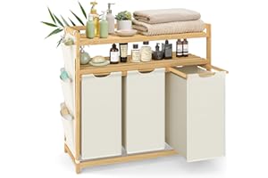 SONGMICS Laundry Basket with 3 Compartments, Laundry Hamper, Holds up to 150 L, Laundry Sorter, with Shelf, Laundry Bag, Side Pockets, 3 x 50 L, 94 x 33 x 98 cm, Cream White RLH215W01