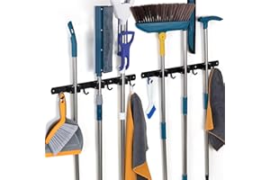Damita Broom Holder Wall Mount Mop Hanger for Kitchen Garage Garden Metal Tool Organization - Stainless Steel Non-slip Broom Rack Mop Holder Wall Organizer 2-Pack (Black, 3 Racks 4 Hooks)