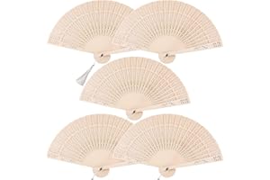 BEHAHAI 5 PCS Wooden Folding Fan, Sandalwood Fan Decorative Hollow Fan Wooden Fans Vintage Folding Handheld Fan Wooden Wedding Fan Ornament Chinese Fan Wood Hand Fans with Tassels for Women Folding Wedding