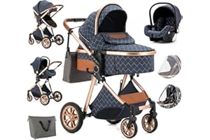 Lnhcrbs Passeggino 3 in 1 Con Seggiolino Auto, Passeggino Leggero Pieghevole One-Touch Con Seggiolino Auto, Carrozzina Reversibile Rivestita Con Zanzariera, Con Sacco A Mummia,Per Bambini 0-3 Anni