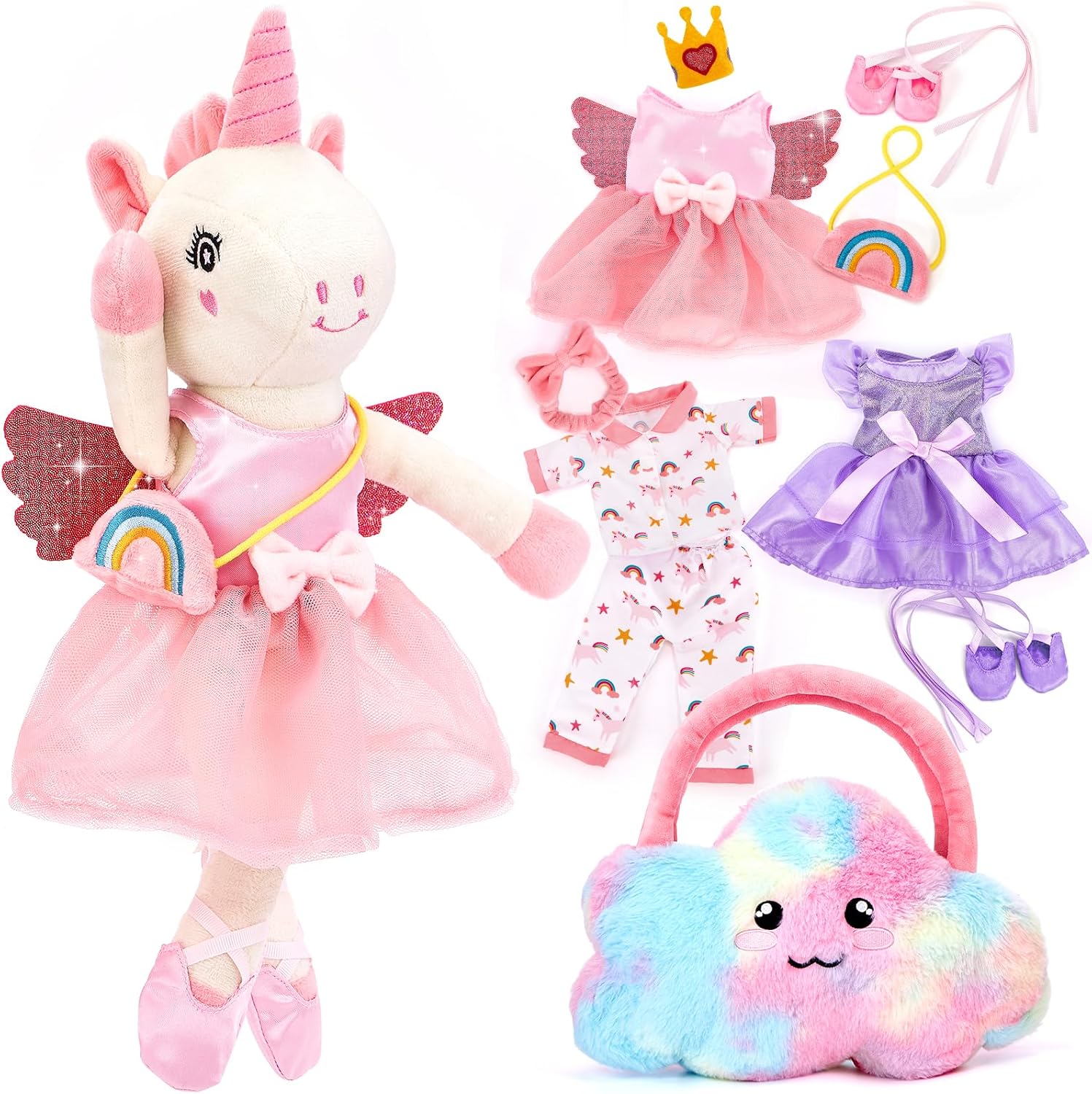 hahaland Unicornios Peluche Juguetes Niña 3 años - Muñeca para Vestir con 3 Set de Ropa y Bolsa, Unicornio Precioso Regalos Niña 3 4 5 6 años