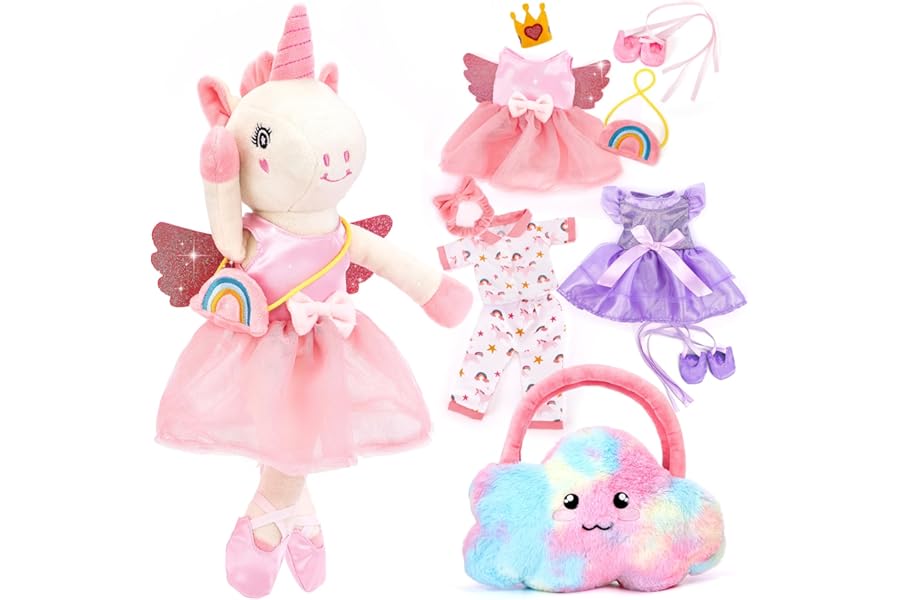 hahaland Unicorns Toys for Girls Age 3+, Ballerina Doll Plush Toys with 3 Outfits & Cloud Bag – Unicorn Stuffed Animal Soft Toys for Girls 3 4 5 6 Year Old, Ballet Dress Up Doll Gifts for Girl