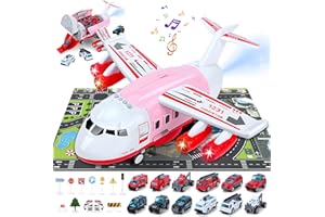 BuzzoXerex Aereo da Trasporto Cargo, Aeroplano Giocattolo con Luci e Suoni, Aerei Trasportatore Set con 12 Pezzi Macchinine per Bambini, Giocattolo Educativo, Regali per Ragazzi e Ragazze (Rosso)