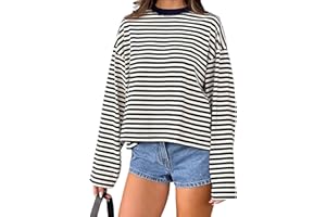 Springcmy Women Y2k Striped Long Sleeve Shirt Drop Shoulder Crewneck Sweatshirt Fall Winter Fairy Grunge Preppy Pullover Tops Streetwear