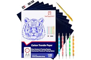 Raimarket 112 Pcs Blue Carbon Paper for Tracing On Fabric, Wood and Sewing Includes 5 Tracing Paper a4 for Sewing Patterns, 1 Pencil, 1 Lead Box, 5 Stylus A4 Size (9 X 13") Graphite Transfer Paper