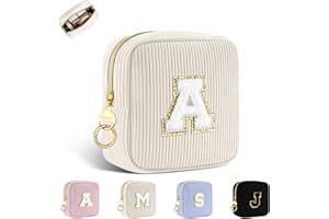 Personalisierte Kosmetiktasche Kleine Make up Tasche Cord Schminktasche Damen Tragbare Reise-Kulturbeutel für Toilettenartikel Organizer Personalisierte Initialen Geburtstag für Mädchen Beige A
