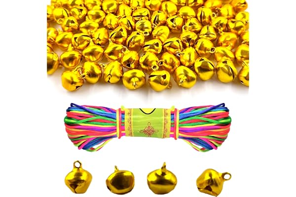 150 stycken metallklockor, 14 mm klockor med öglor, med 20 m färgglada rep, pysselklockor, klockor, små klockor, julklockor för festivaldekorationer, smycketillverkning, hundhalsband