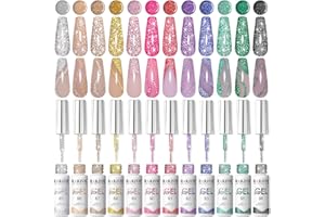 RARJSM Gel Liner Nail Art Reflective Glitter Flash Diamond Liner Gelpolish 12 Colors 5ml Sparkle Silver Hot Pink Black Pigment Painted Stripe Brush Gel Nail Polish UV LED Curing Require Nail Design