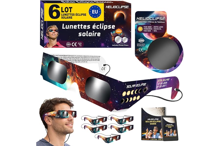 Helioclipse 6/12/25/50/100 Lunette Eclipse Solaire 2026 ISO 12312-2 - Lunettes Eclipse Solaire - Lunette pour Eclipse Solaire