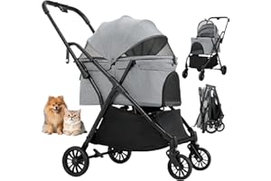 MAMIZO One-Touch składany wózek dla psa, do 20 kg, hamulce tylne, oddychające przednie okno, haki do zawieszenia, 4 gumowe koła 360°, dla małych psów, kotów, ciemnoszary