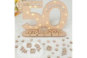I LOVE MOM 2026 Geburtstag Holz Frauen & Männer, 50 Goldene Hochzeit Originelle Geburtstag Geschenk mit LED Lampe und Klein Holz Liebesherz, Blätter, Zahlen Deko, für Geschenke, Hochzeitstag