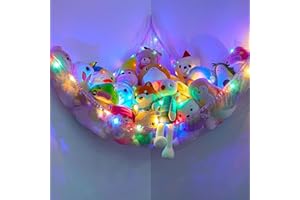 MHJY Toy Hammock Stuffed Animals Toy Storage Net with LED Light Large Corner Hanging Soft Cuddly Plush Mesh Organizer with Remote Control 8 Kinds of Llight Mode for Kids Nursery Bedroom