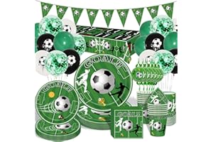GOLDNICE Fussball Party Geburtstag Deko Jungen Mann, Partygeschirr Set, Grün Football Deko, Kindergeburtstag, Pappteller Servietten Tischdecke Strohhalme Pappbecher Ballon Banner Tischdeko für 20 Gäste