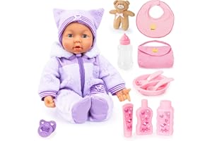 Bayer Design 94694AA Lalka dziecięca z funkcją Piccolina Magic Eyes 46 cm, porusza ustami, mruga i zamyka oczy, wieloma akcesoriami, fioletowy