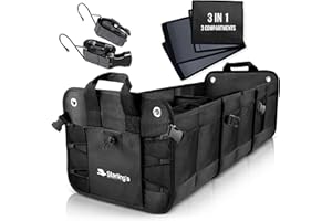 STARLING'S Kofferraumtasche Kofferraum von Starling‘s - Organizer Auto Autotasche Kofferraum Box, Stark Aufbewahrungsbox für Auto, SUV, Verstellbare Fächer, rutschfeste, wasserdichte Böden (Schwarz, 3 Fächer)