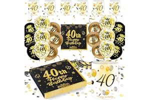 HAPPLIOPLAY 40th Birthday Decoration Men Women, 40th Happy Birthday Decorations Napkins + Lantern Table Decoration + Confetti + Balloon Black Gold, Decoration 40th Birthday Woman Man (40th Birthday Decoration