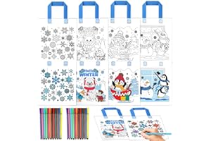 HOWAF 12 Weihnachten Stoffbeutel zum Bemalen, Weihnachtstüten Schneeflocken Tüten Non-Woven Taschen zum Bemalen & 24 Farbe Buntstifte für Basteln Weihnachten Kinder, Frozen Geschenke Weihnachtsdeko