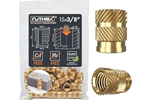 ruthex Wkładka gwintowana 3/8" cala (UNC) – 15 sztuk tulejek gwintowanych RX-3/8"-16-x12,7 z mosiądzu – stabilna nakrętka dociskowa – dzięki ciepłu można stosować w częściach z tworzywa sztucznego do