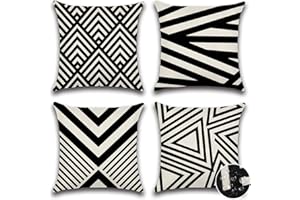 Ohok Set of 4 Outdoor Cushions for Garden Furniture Garden Cushions Linen Cushion Covers 18 * 18 Inches for Living Room Sofa Pillows Cushions 45 * 45 cm (Black and White Geometric Stripes)