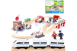 Green series Holzeisenbahn Set für Kinder - Eisenbahn Holz | Spielzeug Zug | Polizeistation, Autobahn und Bahnset mit Brücke, 80 Teilen, 378 cm lang | Holz Eisenbahnen | Holzzug | Modell GS0010
