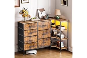 ‎COLESHOME Coleshome Kommode mit Schubladen, Eck Kommode mit 7 Stoffschubladen - 2 USB- und 2 AC-Steckdosen und LED, Mit 3-lagigem Ablagetisch, Geeignet für Schlafzimmer- und Wohnzimmerecken, Vintage-Farben