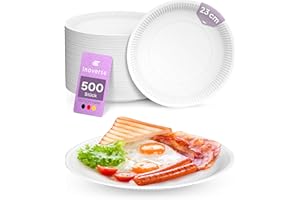 Inoverse 500 piatti di carta, bianchi, usa e getta, rotondi, 23 cm, ecologici, stoviglie usa e getta, piatti da torta, piatti monouso in cartone, piatti di carta
