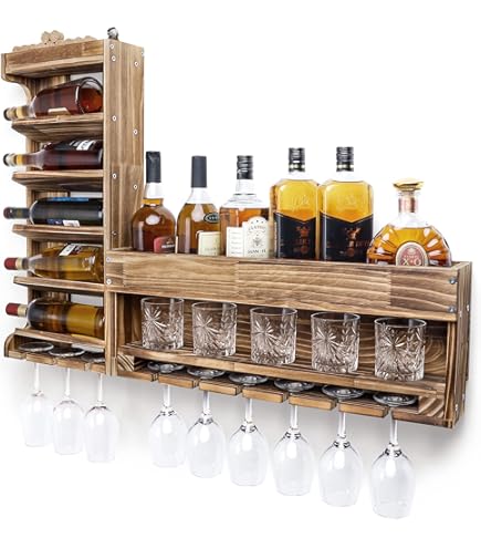 Scaffale Da Vino In Legno Fiammato - Con Portabicchieri | 60x35x15cm | Montaggio Incluso | Stile Rustico - Foto 5