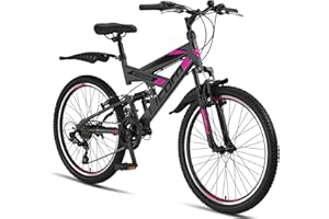 Licorne Bike VTT en V de qualité supérieure de 24 et 26 pouces - Vélo pour garçons, filles, femmes et hommes - 21 vitesses - Suspension complète