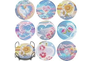 CRETVESTSAR 8pcs Diamond Art Painting Coasters Kits DIY Glass Art Coasters with Holder 5D Round Full Drill Diamond Craft Coasters Landscape Mosaic Rhinestone Painting Coasters for Holiday Decor Gifts (Heart)